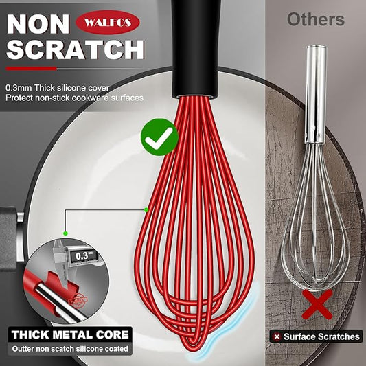 Walfos Whisk,Silicone Whisks- Heat Resistant(480°F) Silicone Whisks for Cooking Non Scratch,BPA free and Dishwasher Safe.Perfect for Blending,Whisking,Beating, Set of 3(Red)