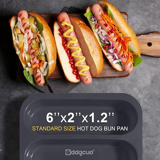 GDDGCUO Silicone Hotdog Bun Pan, 6 Inch Standard Hot dog Bun Mold, 4 Cup Non-stick Homemade Hotdog Bun Baking Pans, Mini Baguette Pans, Dishwasher Safe, 2 Pcs (Grey)