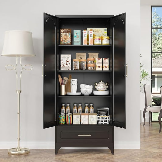 Metal Storage Cabinet with Drawers,75Inch Black Pantry Cabinets for Kitchen Storage with 3 Adjustable Shelves,Tall Kitchen Pantry Cabinet for Living Room, Dining Room,Office