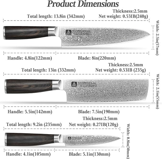Japanese Damascus Knife Set 3 Piece, Damascus Chef Knife set 3, Forged from damascus steel Razor Sharp Professional Japanese knife set,Full Tang Handle,cooking gifts cooks