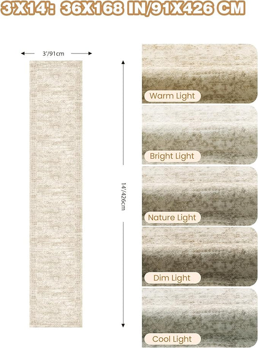 3x14 Washable Runner Rug for Hallway, Non-Slip Long Hallway Runner for Entryway, Soft Vintage Kitchen Mats for Floor, Abstract Dining Room, Bedroom, Living Room Rugs(3'x14', Beige/Ivory)