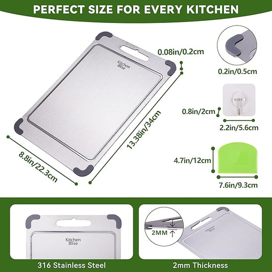 Stainless Steel Cutting Board, Double Sided Food Gradable Steel Cutting Boards for Kitchen with 2 Cleaning Scrapers, Metal Cutting Board with Grooves for Fruits (Medium)