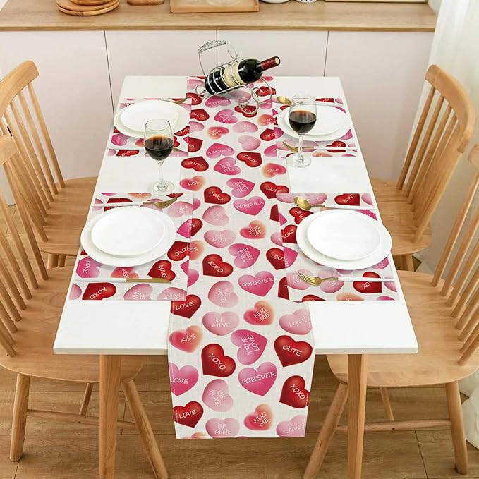 Valentines Day Table Runner 13x72 Inch, Be Mine Kiss XOXO Love Hearts Valentine Table Runner, Anniversary Home Kitchen Dining Table Holiday Party Decorations