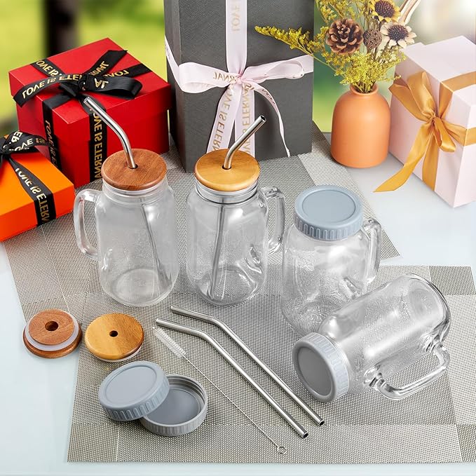 DRASTAR 24oz Iced Coffee Cups Set of 4, Mason Jar Cups, Glass Cups with Lids and Straws, Mason Jars with Handles, Mason Jar Drinking Glasses
