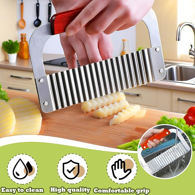 FANTEXY Extra Large Crinkle Cutter - French Fry Cutter, Waffle fry Chopper for Carrots And Potatoes, Wavy Crinkle Cutting Knife with Wood Handle for Professional Kitchens for Fruit