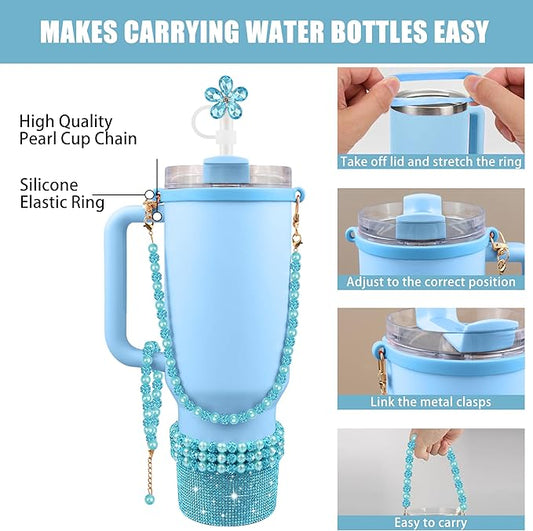 9PCS Blue of Stanley Cup Accessories Set 30/40 OZ Bling Pearl Rhinestones Charms for Stanley Decorations Tumbler Accessories Including Flower Straw Topper, Rhinestones Boot 30/40 OZ