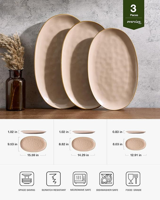 famiware Serving Platter, Oval 15.59/14.3/12.9 inch Serving Dishes for Entertaining, Serving Bowls, Microwave Safe, Stonware Serving Trays for Party, Turkey, Cheese, Ocean Series, Cinnamon Brown