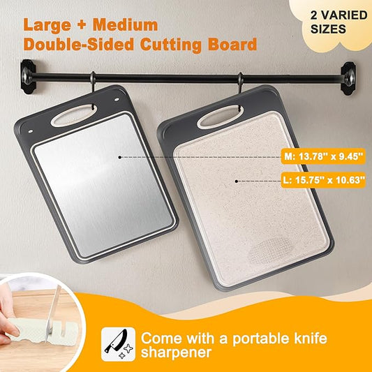 2Pack Stainless Steel Cutting Board,Double Sided Steel for kitchen Stainless Steel/Wheat Straw PP Cutting Board for meat, Large and Medium, Extra Pocekt Knife Sharpener