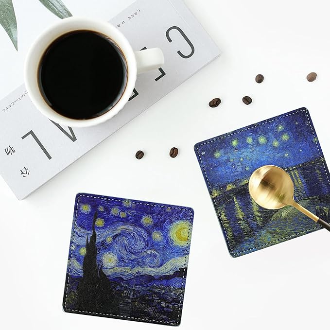 Artistic Coasters Square Leather Drinks Coaster Set with Holder for Coffee Table Bar Home Decor 4 Inches Set of 6