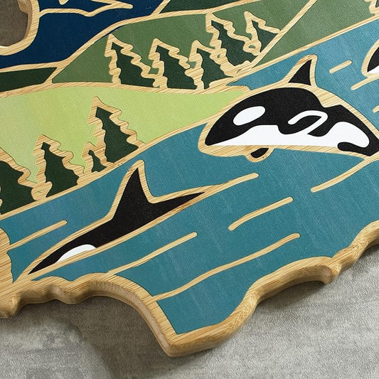 Totally Bamboo Washington State Shaped Cutting Board and Charcuterie Serving Platter with Artwork by Summer Stokes, Includes Hang Tie for Wall Display Varies