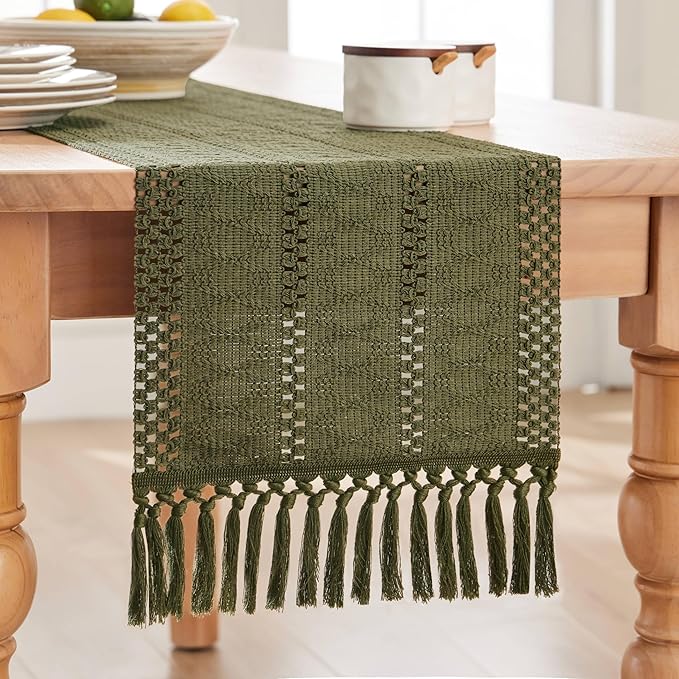 ZeeMart Macrame Style Boho Table Runner, Moss Green Table Runners 90 Inches Long, Farmhouse Woven Home Decor, 12x90 Inch, Moss