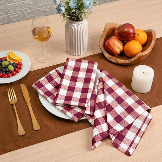 Blue Needles Gingham Buffalo Plaid Cloth Napkins 100% Cotton Set of 12 Dinner Table Napkins 18x18 inch Soft, Reusable, Washable, Ideal for Wedding Parties Everyday Use - Burgundy & Halfwhite