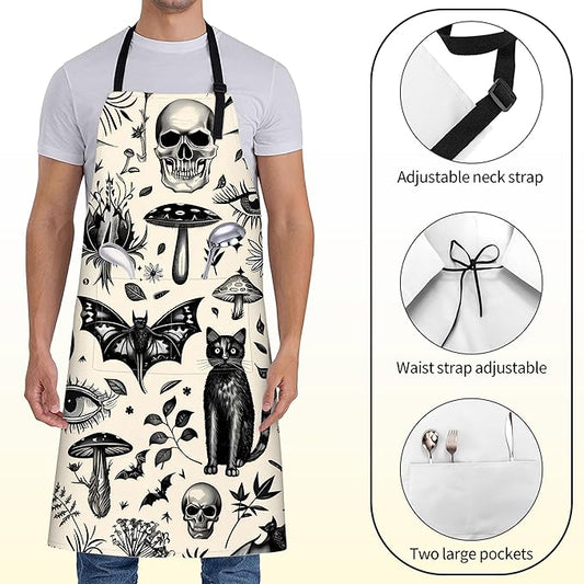 Gothic Apron for Women with Cats, Skulls, And Bat,28x33in,Goth Kitchen Aprons with 2 Pockets, Oxford Fabric,Bold Halloween Adjustable Apron for Cooking Baking Gardening Chef,Gifts for Mom Wife