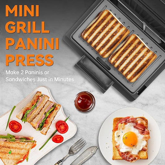Baker's Friend 2 Slices of Mini Panini Press Electric Grill, Panini Grill Press Sandwich Maker Press, Sandwichera Electrical for Pancakes & Eggs, Oil Tray, Non Stick Surfaces, Stainless Steel