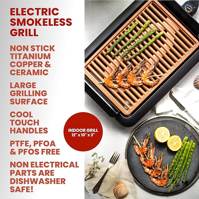 Gotham Steel Indoor Smokeless Grill Electric Grill Ultra Nonstick Electric Grill Dishwasher Safe Surface, Temp Control, Metal Utensil Safe, Barbeque Indoors with No Smoke!