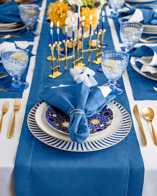 Solino Home Linen Table Runner 108 Inches Long - 100% Pure Linen Indigo Blue Table Runner 14 x 108 Inch for Winter, Spring, Easter - Classic Hemstitch
