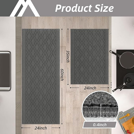 COSY HOMEER 60x24Inch/35X24Inch Kitchen Rugs Sets Non-Slip Washable Kitchen Mats for Floor Polypropylene Absorbent Kitchen Runner for Kitchen Sink Hallway Entryway(Grey)