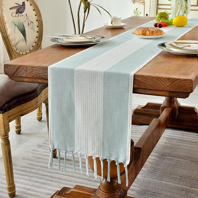 Wracra Linen Table Runner, Farmhouse Macrame Table Runners 90 Inches Long for Dining Table Decor, Wedding, Party and Dresser Decor (Aqua Blue,90")