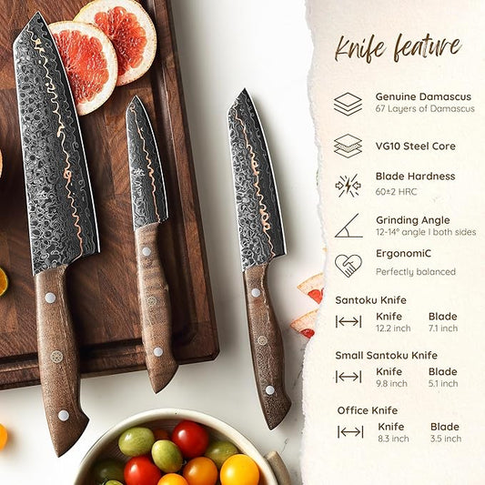 Wakoli Kawa Damascus Kitchen Knife Set, 3-Piece Professional Chef Knife Set with Copper Inlay | 67-Layer Damascus Steel with VG10 Core | Maple Stabilized Wood Handles | Gift Box