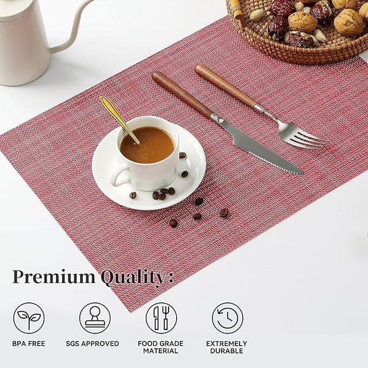 Leetaltree Red Placemats Set of 12 - Heat Resistant Non-Slip Place mats for Dining Table, Washable Durable PVC Vinyl Woven Table Mats(Red, 12)