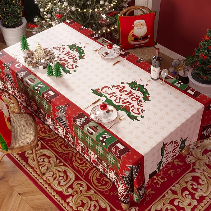 Christmas Rectangle Table Cloth,100% Waterproof Tablecloth,Christmas Decorations for Home, Vinyl Tablecloth Plastic Table Cover for Party,Picnic,Dining,Outdoor 52" x 70",Christmas Trees