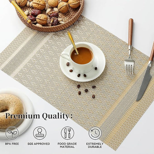 Leetaltree Stardust Yellow Placemats Set of 8 - Heat Resistant Non-Slip Place mats for Dining Table, Washable Durable PVC Vinyl Woven Table Mats(Stardust Yellow, 8)