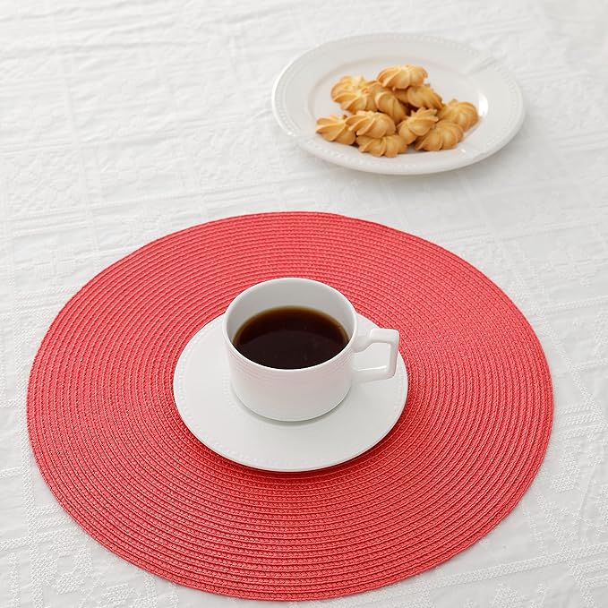 HODJOY Placemats Set of 6, Round Placemats for Dining Table, Washable Non-Slip Placemats for Velentine, 15 inches (Pink Red)