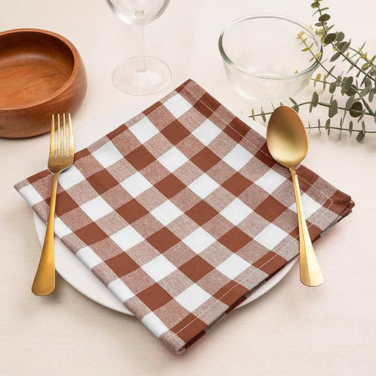 Blue Needles Gingham Buffalo Plaid Cloth Napkins 100% Cotton Set of 12 Dinner Table Napkins 18x18 inch Soft, Reusable, Washable, Ideal for Wedding Parties & Everyday Use - Nut Brown & White