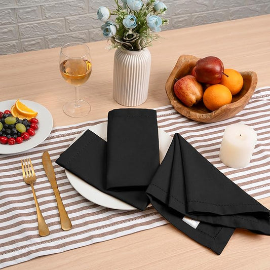 Blue Needles Set of 12 Hemstitch Linen Napkins 100% Cotton Black Cloth Dinner Napkins 18x18 inches, Soft, Reusable, Absorbent, Washable, Ideal for Wedding Events, Parties & Everyday Use