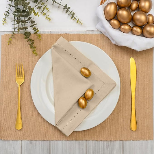 Blue Needles Set of 12 Hemstitch Linen Napkins 100% Cotton Beige Cloth Dinner Napkins 18x18 inches, Soft, Reusable, Absorbent, Washable, Ideal for Wedding Events, Parties & Everyday Use
