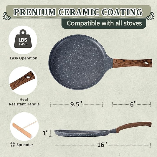 AOSION Nonstick Crepe Pan 9.5 inch,Ceramic Crepe Pan,Dosa Tawa Pan, Ceramic Coated PFOA-Free, Ergonomic Handle, With Pancake Tools, Forged Aluminum Induction Safe