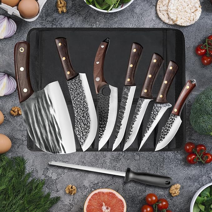 ZENG 8 Pieces Butcher Knife Set with Roll Bag, Chef Knife Set for Meat Cleaver Cutting & Viking Knives with Ergonomic Handles, Stainless Steel Hand Forged Kitchen Knife Set for Home, Cooking, Camping