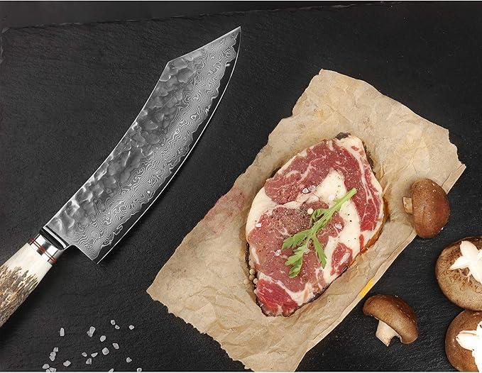 SUNLONG Butcher knife 8 inch Hybrid cleaver - Razor sharp - Japanese Damascus steel - Ergonomic Antler Handle