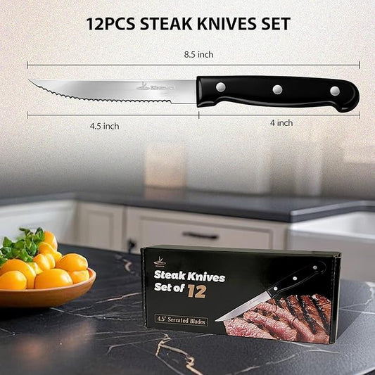 Upgraded Steak Knives Set of 12, Uncoated Stainless Steel Serrated Steak Knife Set, 4.5 Inch Steak Knife with Ergonomic Handle and Sharp Blades, Dishwasher Safe Dinner Knives for Kitchen, Restaurant