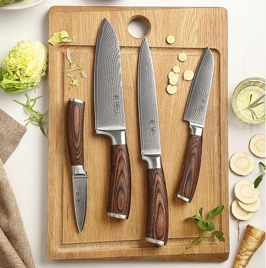 Wakoli EDIB 4-Piece Damascus Knife Block Set – Professional Kitchen Knives with Magnetic Acacia Block, 67-Layer Damascus Steel Blades and Ergonomic Pakkawood Handles – Premium Knife Set with Block