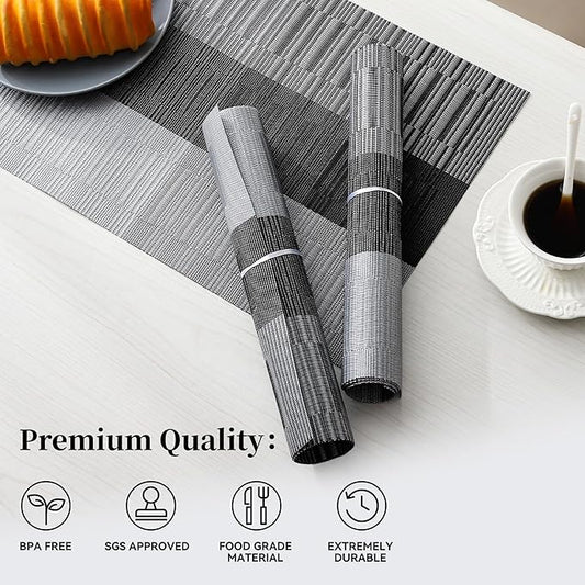 Leetaltree Grey with White Striped Placemats Set of 8 - Heat Resistant Non-Slip Place mats for Dining Table, Washable Durable PVC Vinyl Woven Table Mats(Grey Stripe, 8)