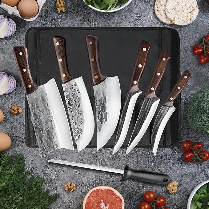 ZENG 7 Pieces Butcher Knife Set with Roll Bag, Chef Knife Set for Meat Cleaver Cutting & Viking Knives with Ergonomic Handles, Stainless Steel Hand Forged Kitchen Knife Set for Home, Cooking, Camping
