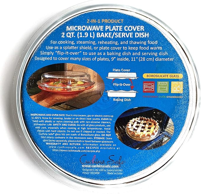 Cuchina Safe 2-in-1 Cover ‘n Cook Vented Glass Microwave Plate Cover and Baking Dish; Easy to Grip for Baking and Serving