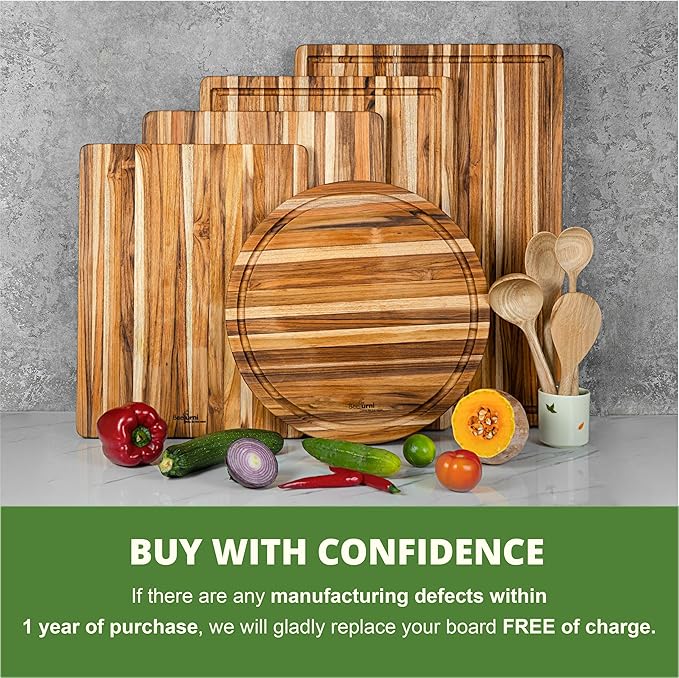 BEEFURNI Small Teak Cutting Board with Juice Groove and Hanging Hole (14x10x0.6"), Durable Wooden Cutting Boards for Kitchen, Chopping & Serving Board, Non Toxic, Christmas Gift for Her