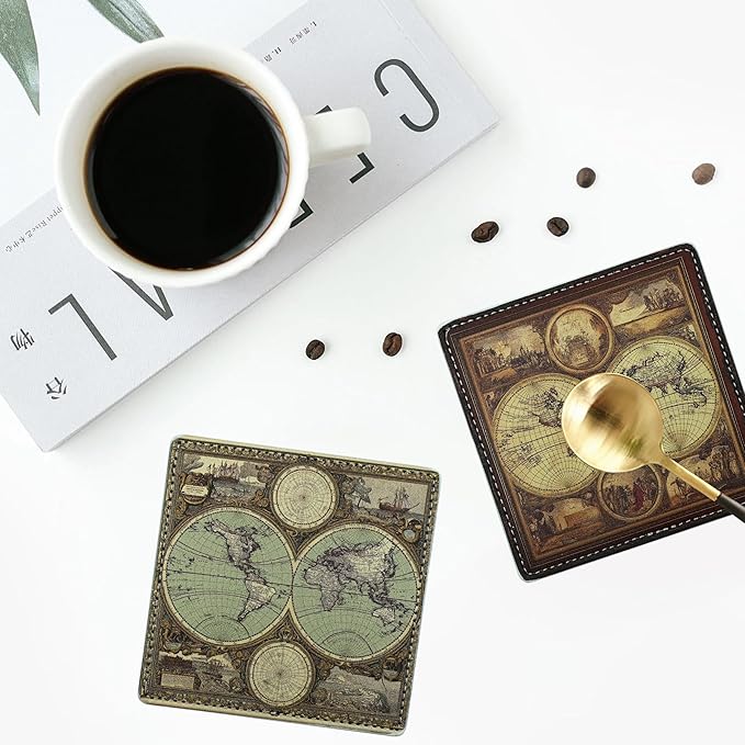 Marble Coasters Square Leather Drinks Coaster Set with Holder for Coffee Table Bar Home Decor 4 Inches Set of 6 (Old World Maps, One Size)