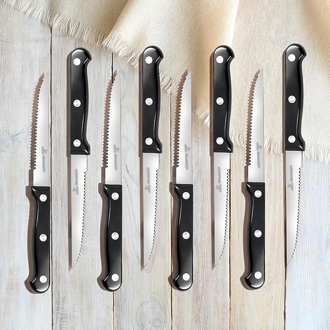 Upgraded Steak Knives Set of 8, Uncoated Stainless Steel Serrated Steak Knife Set, 4.5 Inch Steak Knife with Ergonomic Handle and Sharp Blades, Dishwasher Safe Dinner Knives for Kitchen, Restaurant