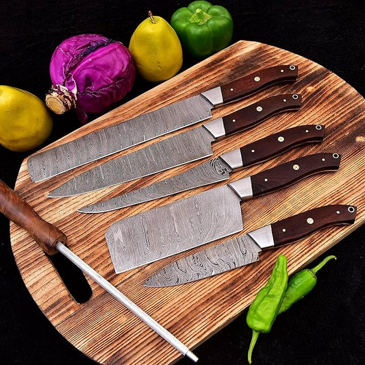 HM-(Brown) Custom Made Damascus Steel #6 Pcs of Professional Utility Kitchen knives Set Comes with Sweet Leather Roll Kit (3712)