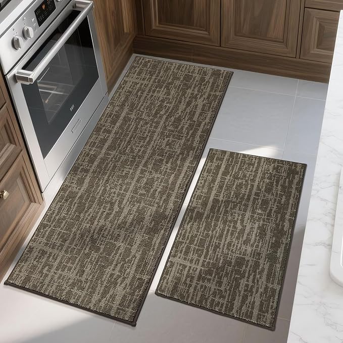 COSY HOMEER Kitchen Rugs Non Slip Washable 24"x36"+24"x60",Absorbent Soft Kitchen Mats for Floor,Polyester Kitchen Runner Rug Sets of 2,Kitchen Floor Mats for Sink Mat,Hallway,Laundry,Light Brown