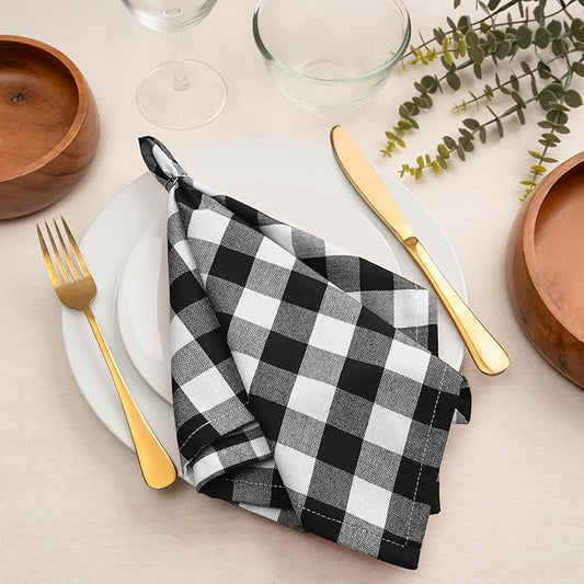 Blue Needles Gingham Buffalo Plaid Cloth Napkins 100% Cotton Set of 12 Dinner Table Napkins 18x18 inch Soft, Reusable, Washable Perfect for Wedding Parties & Everyday Use - Black and White