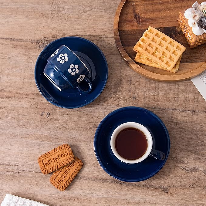 6-pieces Espresso Cups with Saucers and Metal Stand Stoneware Cup & Saucer Sets, Stackable espresso mugs, 4oz coffee cups set, Set of 6, Blue