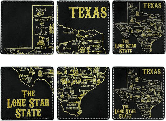 Marble Coasters Square Leather Drinks Coaster Set with Holder for Coffee Table Bar Home Decor 4 Inches Set of 6 (Texas, One Size)