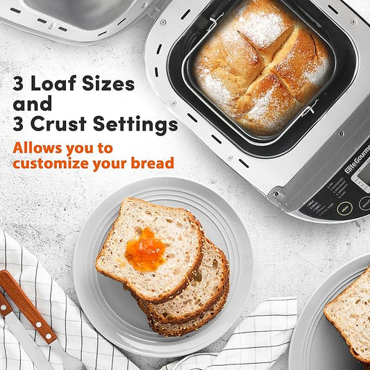 Elite Gourmet Programmable Bread Maker with PFAS Free Ceramic CERALAST™ Bread Pan & Kneading Blade, 19 Menu Functions Gluten-Free, White, Wheat, Rye, French & more, 2lbs, Gray
