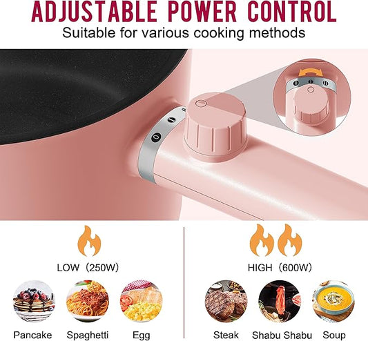 Topwit Hot Pot Electric with Steamer, 1.5L Ramen Cooker, Non-Stick Sauté Pan, Portable Cooking Pot, Electric Cooker with Dual Power Control, BPA Free, Over-Heating & Boil Dry Protection, Pink