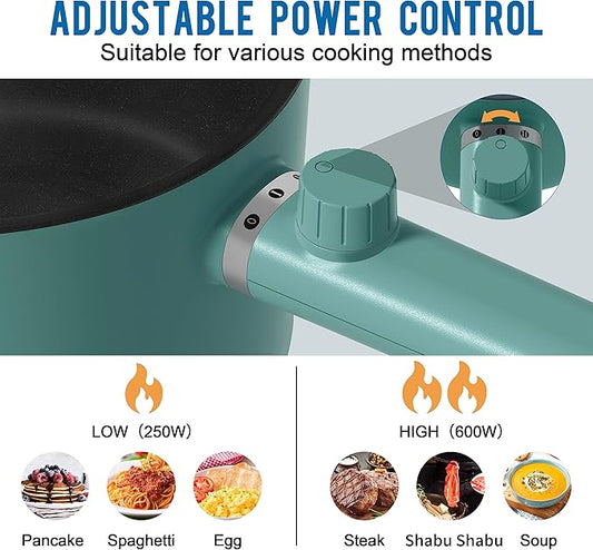 Topwit Hot Pot Electric, 1.5L Ramen Cooker, Portable Non-Stick Frying Pan, Hot Pot for Pasta, Steak, BPA Free, Electric Cooker with Dual Power Control, Over-Heating & Boil Dry Protection, Green