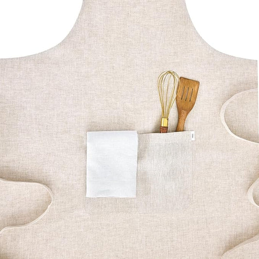 Solino Home 100% Pure Linen Apron for Women & Men - Full Midi Bib Apron Adjustable Neck Strap with Center Pockets for Kitchen